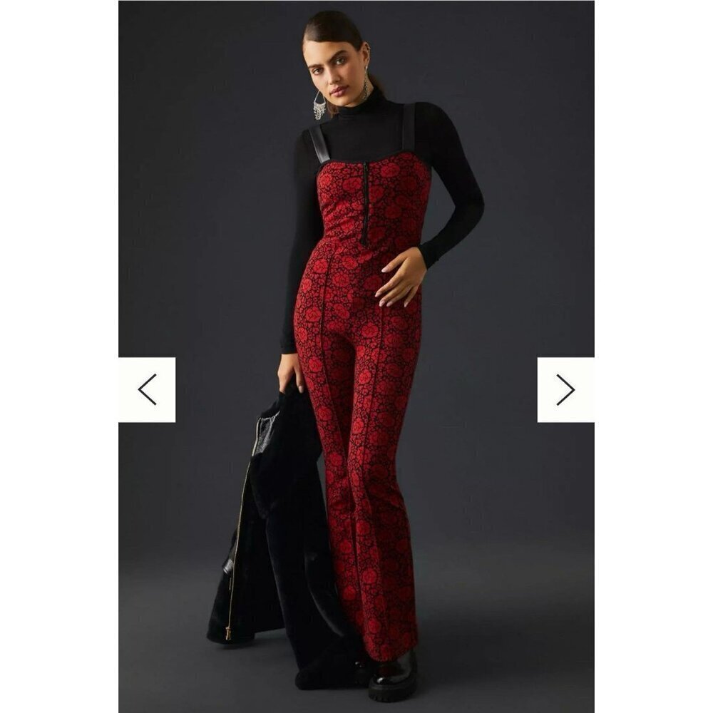 Maeve Anthropologie Red Black Floral Jumpsuit Zip Front Size 6